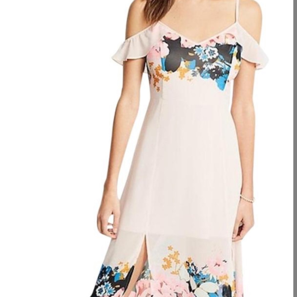 Express Light Pink Floral Midi Dress with Blue & Black Accents